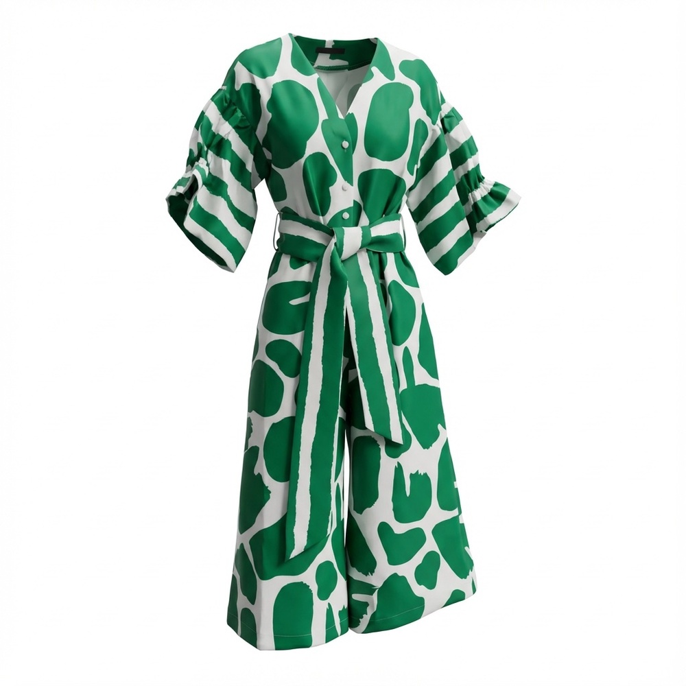 A356 Nancy Modern Boho Green Abstract Print Belted Resort Chic Midi Dress NWT L - Picture 2 of 9